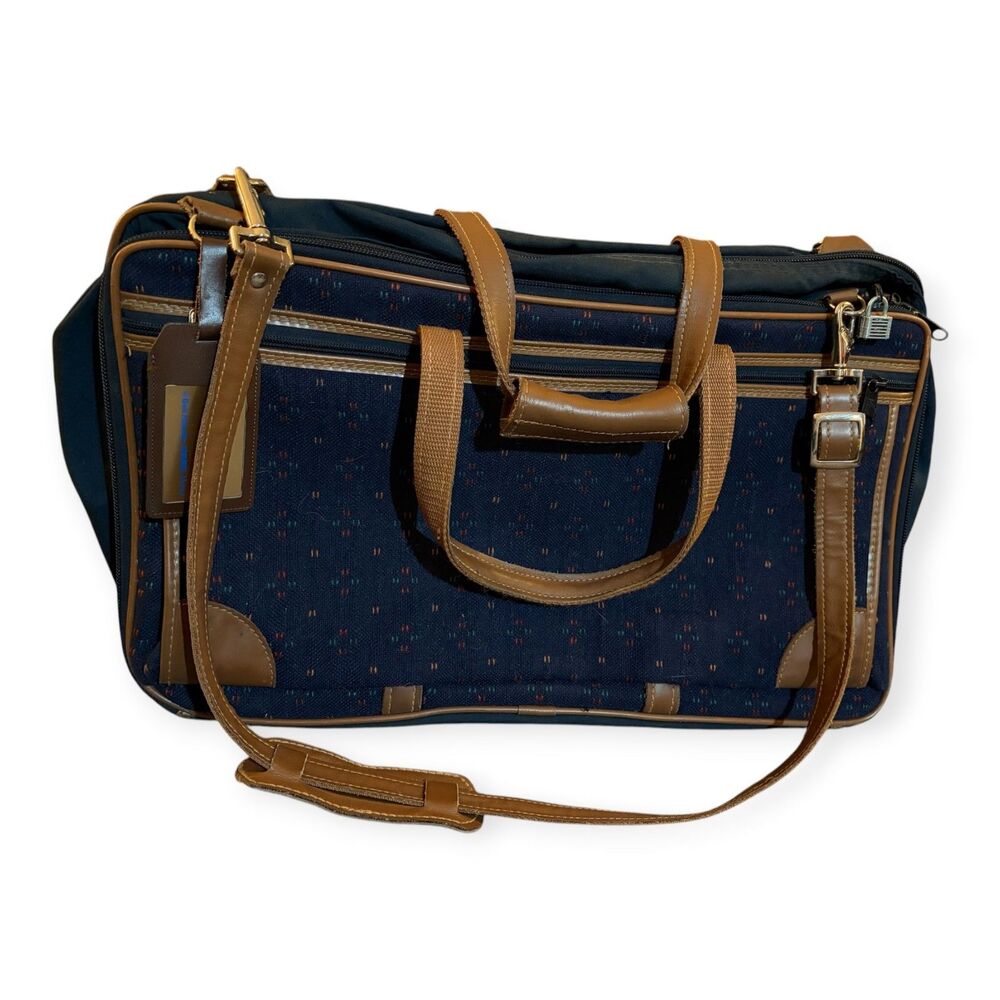 Vintage Ventura Multi-Compartment Travel Bag Navy Geometric Made USA